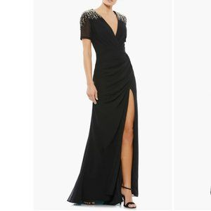 NWT Mac Duggal 55704 Black Ruched V Neck Short Sleeve Gown,‎ Size 12